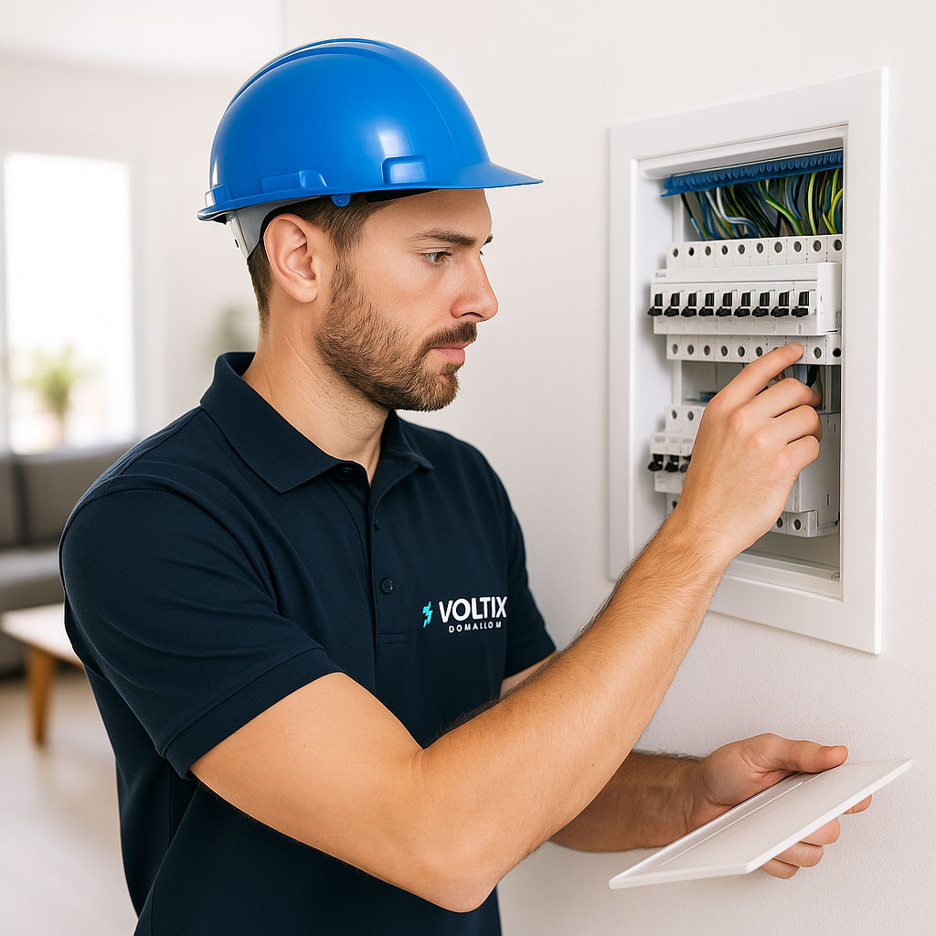 Técnico de Voltix Domotics revisando cuadro eléctrico en vivienda moderna en Madrid